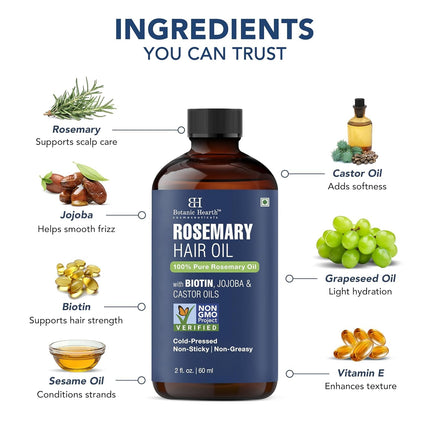 Botanic Hearth 100% Pure Rosemary Oil For Hair Growth Infused With Biotin | Hair Strenghtening Treatment | Nourishing & Volumizing | With Jojoba Oil & Castor Oil | Non GMO Verified | 2 fl oz, Blue