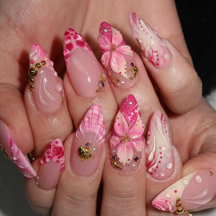 30Pcs Pink Flower Press on Nails Medium Almond French Tip Fake Nails 3D Flower with Gold Starfish Rhinestones Glitter Designs Spring Summer False Nails Cute Stick on Nails for Women Acrylic Manicure