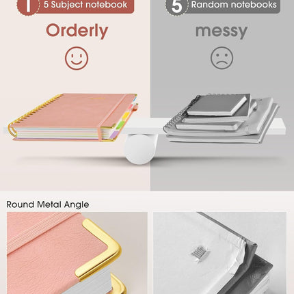 Hardcover Spiral Notebook journal with Removable Dividers Tabs, 300 Pages Leather 5 Subject Notebook College Ruled, 100GMS A5 Notebooks for Work School Note taking,Lined Journal for Women,A5-Pink