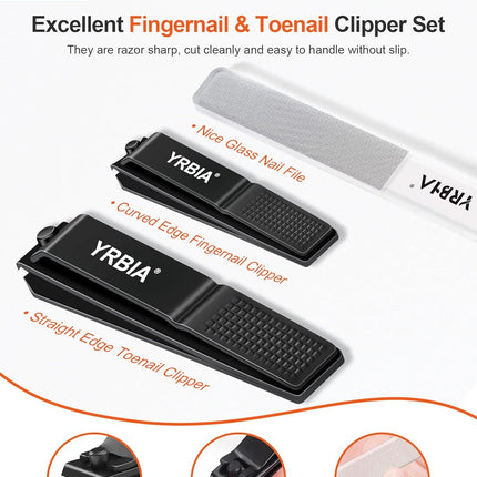 Nail Clippers with Glass Nail File, YRBIA Ultra Sharp Nail Clipper Set, Professional Fingernail & Toenail Clippers Nail Cutter for Men and Women (Black)