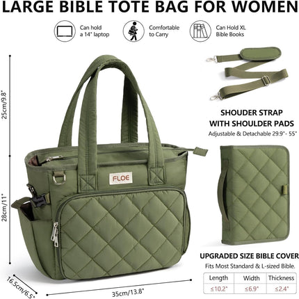 Large Bible Bag w/Bible Cover Case for Women, Puffer Bible Tote Bag Quilted Church Bag Book Carrying Case w/Shoulder Strap, Bible Study Supplies Journaling Kit Accessories Women Christian Easter Gift