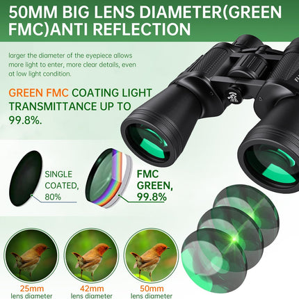 20x50 High Powered Binoculars for Adults, Waterproof Compact Binoculars with Low Light Vision for Bird Watching Hunting Camping Travel Cruise Hiking Sports Stargazing, Christmas Birthday Gifts for Men