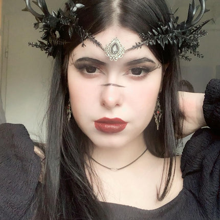 MOSTORY Black Flower Antler Crown - Dark Reindeer Headpiece Gothic Elf Circlet Deer Horns Headband for Women Cosplay Renaissance Goth Wedding Renfaire Accessory