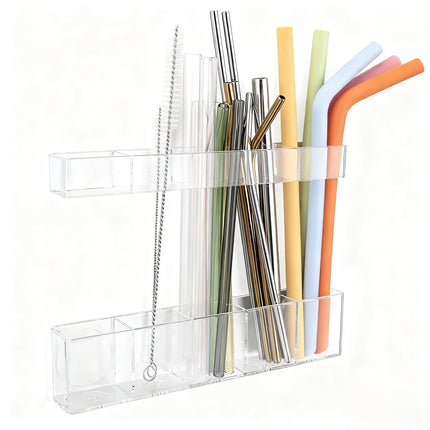 Acrylic Straw Holder for Cabinet Door - Organizer & Dispenser with Smooth Rounded Edges for Kitchen Accessories Storage, Adhesive Circles Included (Clear Transparent)