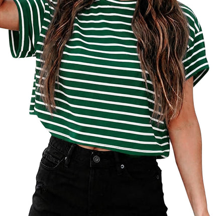 Camisetas cortas de manga corta para mujer, cuello redondo, top básico de verano