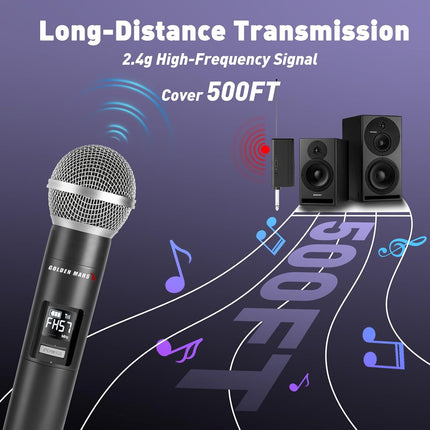 Wireless Microphones - AI Auto Match Channel Mics, Upgraded 2.4GHz 500FT Extra-Long Range Stable Receiving Rechargeable Microfono Inalambrico for Karaoke Singing DJ Church Classroom