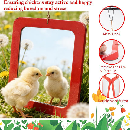 FlidRunest Extra-Large Size Chicken Mirror Toys for Coop, 11.8'' x 9.8'' Hanging Chicken Enrichment Swing Mirror Acrylic, Double-Sided Coop Accessories for Hens Birds Parrots Roosters Red