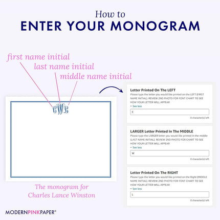 Modern Pink Paper 3 Letter Monogram Stationery Set for Men or Women FLAT NOTE CARDS, Monogrammed Note cards with Envelopes, Monogrammed Stationary Set PROFESSIONAL, Your Choice of Colors and Quantity
