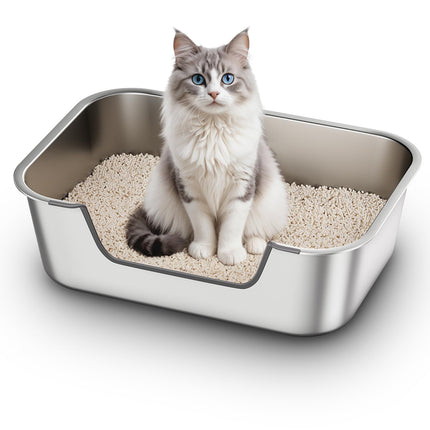 Stainless Steel Cat Litter Box with Low Entry, Metal Kitty Litter Box for Senior or Injured Cats, Odor-Free, Non-Stick, Easy to Clean, 17.5"x13.6"x5.9", Litter Pan for Medium and Small Cats