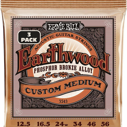Ernie Ball Earthwood Custom Medium Phosphor Bronze Acoustic Guitar Strings, 3-Pack, 12.5-56 Gauge (P03543)
