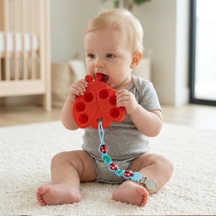 BIGSPINACH Teething Toy & Pacifier Clip Set,Ladybug Pop-It Teether & Pacifier Hold,Multi-Textured Chew Toy with Number Buttons for Early Learning, Baby Teething Relief (Red+Blue)