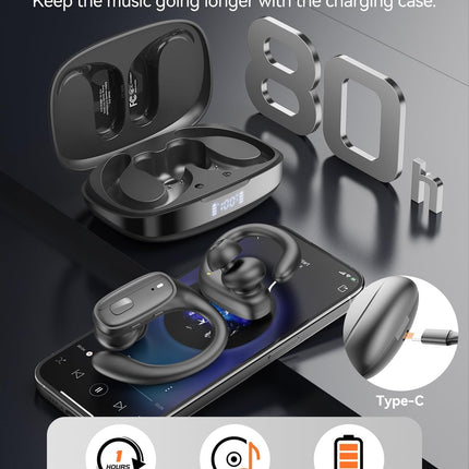 LEEMC Wireless Earbuds, Bluetooth Headphones 5.4, Ear Buds with Hooks for Sports, 80Hr Playtime Earphones, LED Display, IPX7 Waterproof Headset for Workout Running, Charcoal