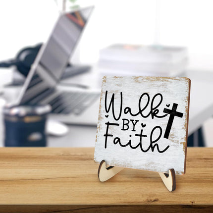 Motivational Sign Rustic Desk Decor Decorative Christian Gifts Religious Bible Verse Faith Decoration for Home Coffee Shop Office Table Shelf Tiered Tray Plaque with Wood Stand