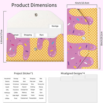 PU Leather Cash Envelopes Wallet, Reusable Money Savin Wallet, Cute Budget Envelope with 4 Dividers & 1 Sheets Budget Labels Pink Ice Cream Drip