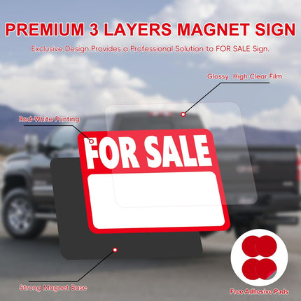 2 Pcs Magnetic FOR SALE Signs for Vehicles, FOR SALE Sign Car, Magnet Signs for Vehicles/Trunk/Yard/House/Garage, Dry Erase Sheet, Reusable, High Visibility, 12.2''*9.06'', Included 4 Extra Adhesive Pads