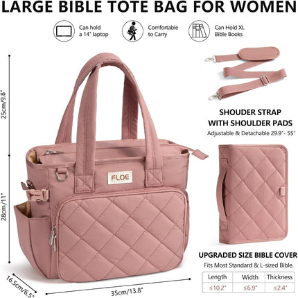 Large Bible Bag w/Bible Cover Case for Women, Puffer Bible Tote Bag Quilted Church Bag Book Carrying Case w/Shoulder Strap, Bible Study Supplies Journaling Kit Accessories Women Christian Easter Gift
