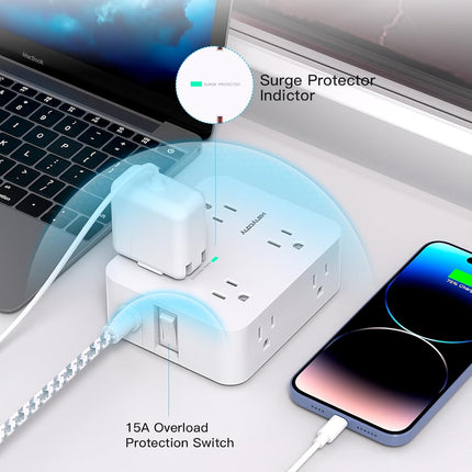 Surge Protector Power Strip - HANYCONY 8 Outlets 4 USB (2 USB C) Charging Ports, Multi Plug Outlet Extender, 5Ft Braided Extension Cord, Flat Plug Wall Mount Desk Charging Station for Home Office ETL