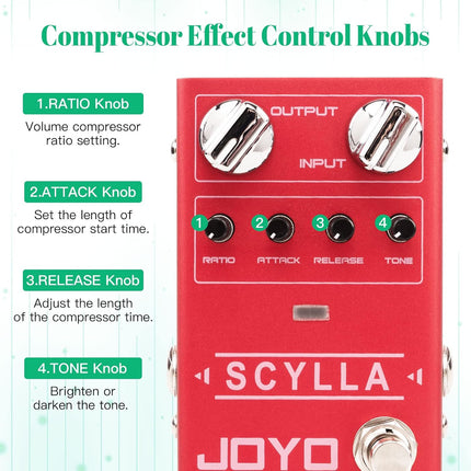 JOYO Bass Guitar Pedals Compressor Effect Pedal with Precise Compression Knobs Low Noise and High Dynamic Control Range for Bassist Electric Guitar Bass (SCYLLA R-27)