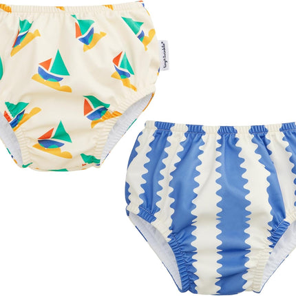 Tiny Twinkle Pull-Up Reusable Swim Diapers 2-Pack | Waterproof and UPF 50+ Sun Protection | Lightweight and Absorbent | Machine Washable(Sailboats,Zig Zag Stripe,6-12M)