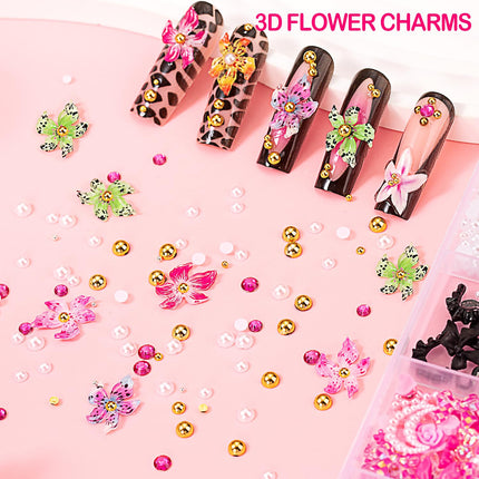 8000pcs 3D Nail Charms and Nail Gems, Cute Nail Rhinestones and Charms Y2K for Nails Nesign, Variety Butterfly Bow Moon Star Flower Junk Case Charms Gold Pearls Nail Jewels for Nail Art Decorations