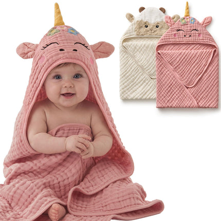 Muslin Baby Hooded Towel 2 Pack, Soft & Absorbent Bath Towel for Infant, Toddler, Unisex, Baby Gift, Newborn Essentials, Bear & Lamb