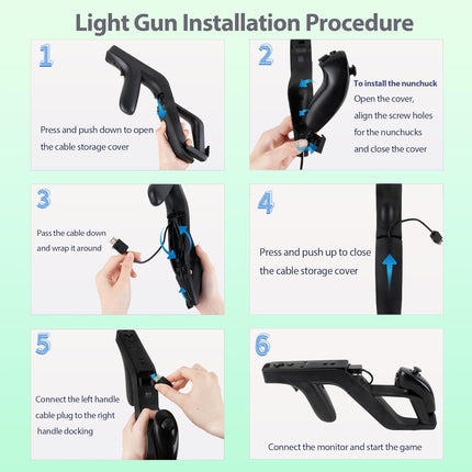 KOUROU 8PCS Motion Plus Wii Remote Controllers with Nunchucks, Mario Kart Steering Wheels and Zapper Light Gun (Black)
