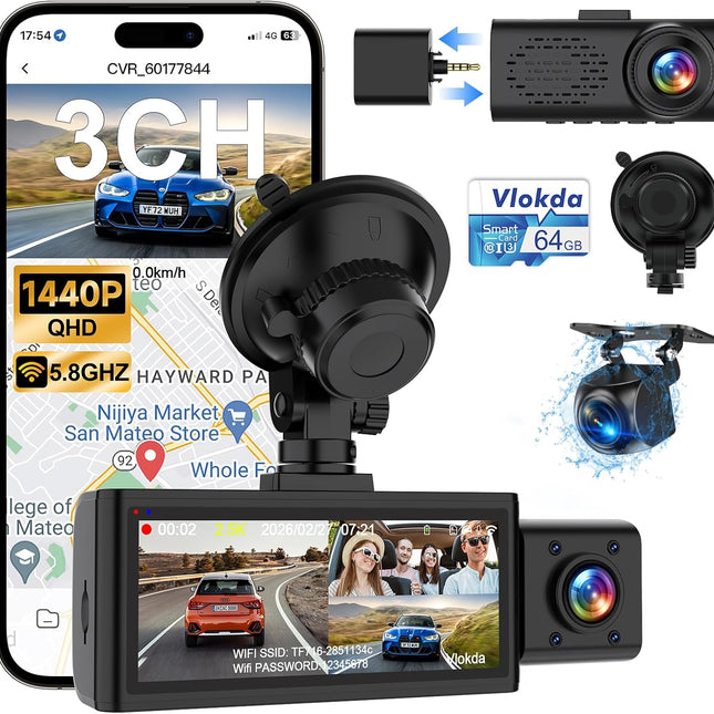 3 Channel Dash Cam Front Inside Rear, Uber Dash Cam for Cars