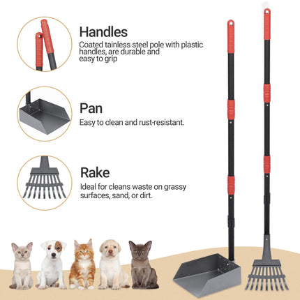 Dog Pooper Scooper, Dog Poop Tray and Rake Set with Long Stainless Handles