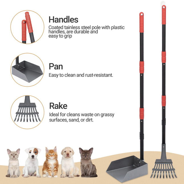 Dog Pooper Scooper, Dog Poop Tray and Rake Set with Long Stainless Handles