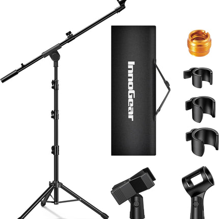 InnoGear Microphone Stand, Tripod Boom Arm Floor Mic Stand Height Adjustable Heavy Duty with Carrying Bag 2 Mic Clips 3/8" to 5/8" Adapter for Singing Podcast for Blue Yeti Shure SM58 SM48 Samson Q2U