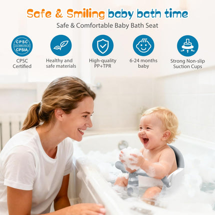 Baby Bath Seat for Babies 6 Months & Up Sitting Up, Non-Slip Baby Bath Chair with Suction Cup, Safe and Comfortable Portable Infant Bath Seat for Bathroom, Bathtub Tub, Easy to Clean (Grey)