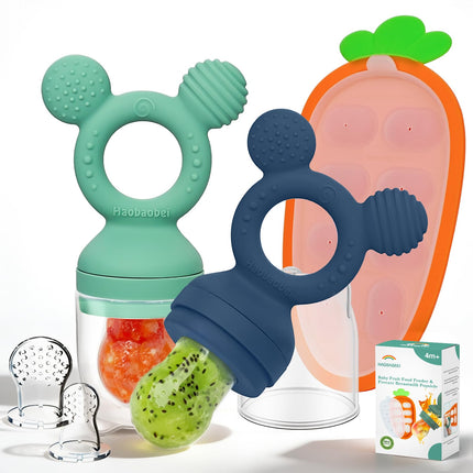 Baby Fruit Feeder 2 Pack with Freezer Tray, 4 Silicone Pouches in 3 Sizes, Breastmilk Popsicle Mold, Food Feeder Pacifier and Silicone Teether, 4+ Months