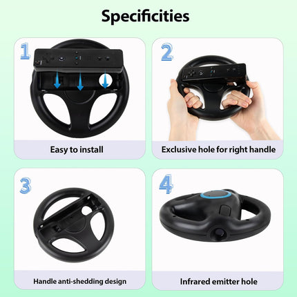 KOUROU 8PCS Motion Plus Wii Remote Controllers with Nunchucks, Mario Kart Steering Wheels and Zapper Light Gun (Black)