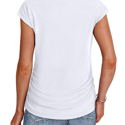 Womens Summer Tops Trendy 2026 Ruched Cap Short Sleeve Tshirts Shirts Crew Neck T Shirts Fashion