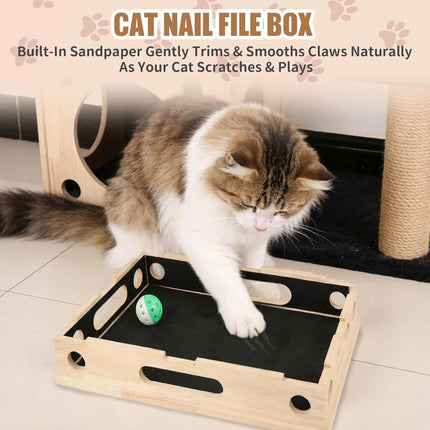 Cat Scratch Puzzle Enrichment Box, Smooth Solid Wood Cat Nail File Enrichment Box with Built-in Sandpaper, Cat Nail File Box Stress Free Alternative to Clippers & Grinders(No Bell Ball) (Large)