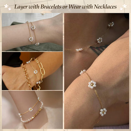 DAYANEY Pearl Bracelets for Women, Gold Bracelet Silver Pearl Jewelry as Gifts for Girls, Dainty Daisy and Heart Braclets Cute Floral Prom Jewelry for Bridesmaid Brazaletes Para Mujer