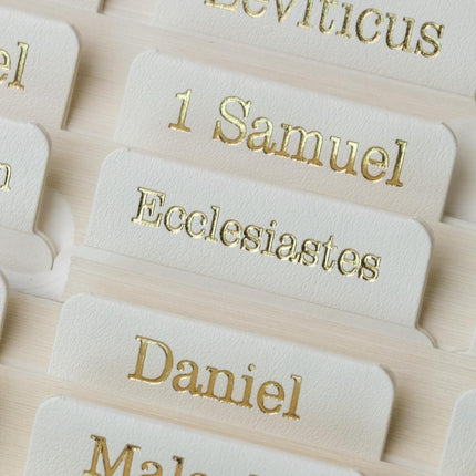 UPAFEXXI-Leather Bible Tabs with Book Summaries, Bible Tabs for Women and Men(Gold Foil Lettering) Large Print Stickers, Easy to Read and Apply, 80 Chapters Labels for Easy Navigation(White)