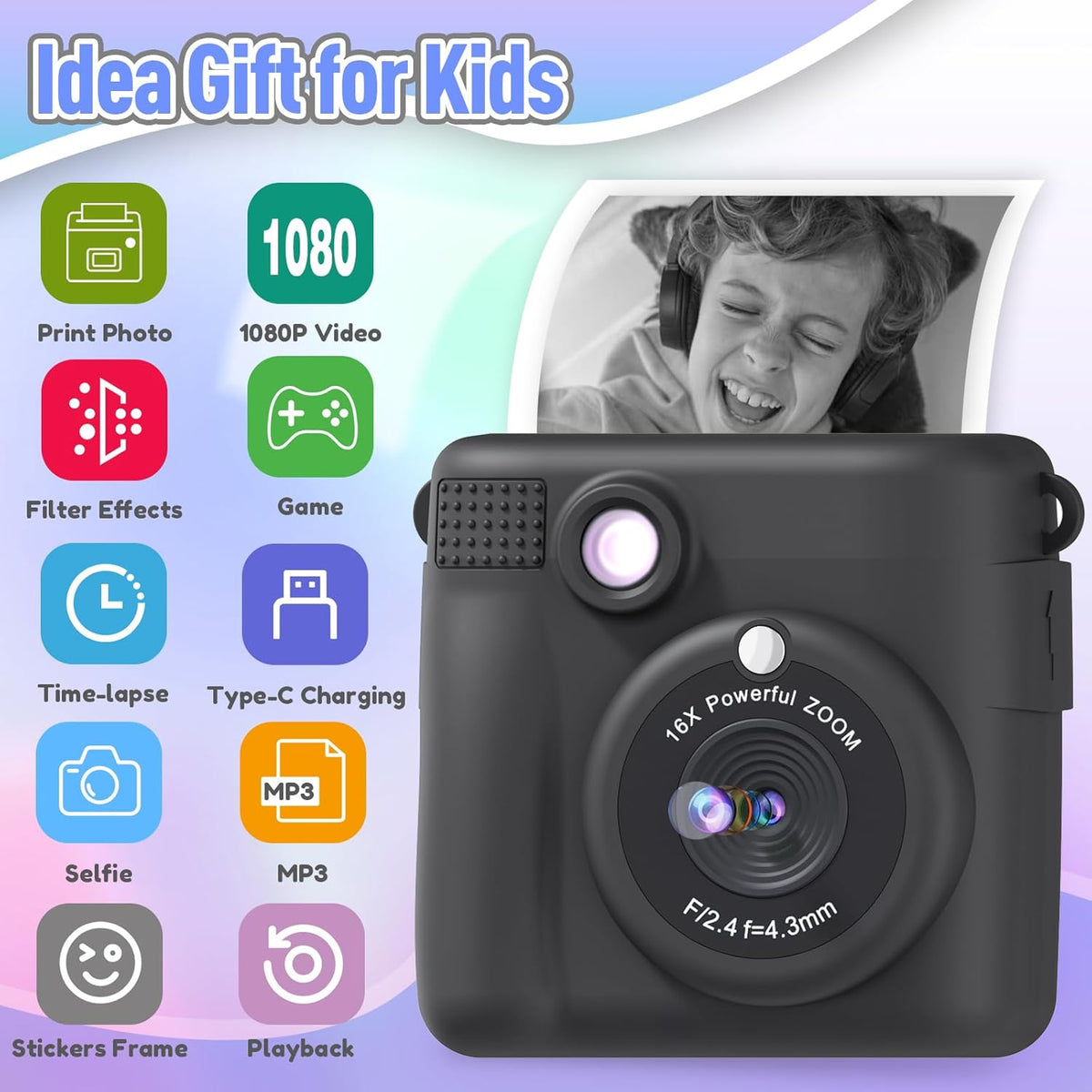 Kids Camera Instant Print, Christmas Birthday Gifts for Kids Age 3-12, Selfie Digital Camera with 1080P - photo 2