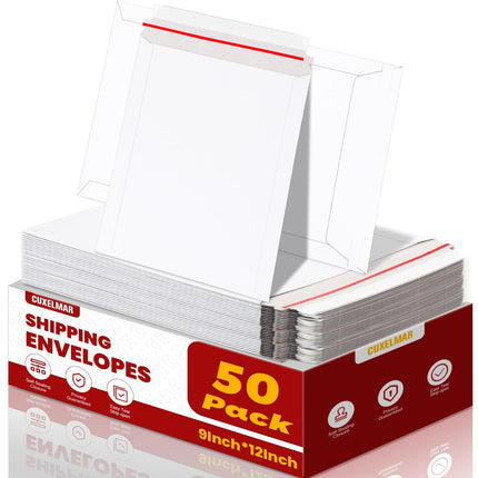 100 Pack 9X12 Inch Rigid Stay Flat Mailers, Self Seal Lightweight Cardboard Envelopes, White Mailers for Document, Magazine
