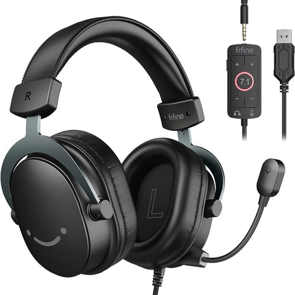 FIFINE Wired Gaming Headset, USB Headphone with 7.1 Surround Sound, Detachable Microphone, Control Box, 3.5mm Headphones Jack, Over-Ear Headset for PC/PS5/Xbox/Switch, Black-AmpliGame H9