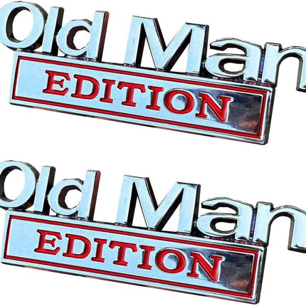 2 Pack Old Man Edition 3D Metal Car Emblem - Vintage Zinc Alloy Auto Badge, Universal Fit for Truck, SUV, Fender, Tailgate, Bumper (Silver and Red)