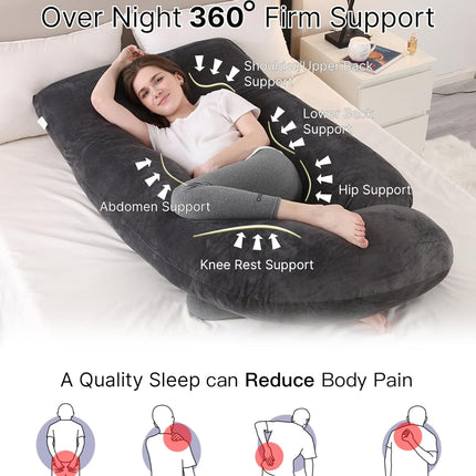 ALLOPERA Pregnancy Pillow, Full Body 57 Inch Maternity Pillow with Removable Washable Cover - Sleep Support for Legs, Back, Neck, Shoulder, HIPS, Belly for Pregnent Women, Black Grey Velvet Cover