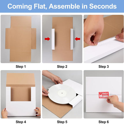 15 Sets Vinyl Record Mailers, 12.5" X 12.5" x 1" LP Shipping Mailer Boxes, White Vinyl Record Shipping Boxes with Foam Pouches, Fragile Stickers