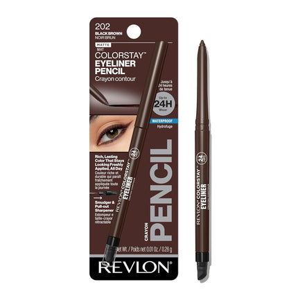 Pencil Waterproof Eyeliner, Smudge-Proof, Eye Makeup with Built-In Sharpener, 202 Black Brown, 0.01 oz