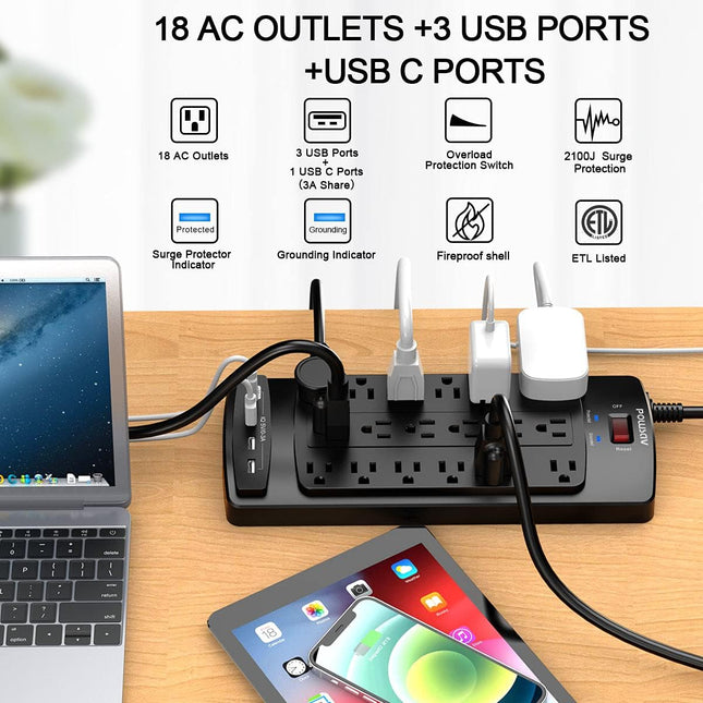 18 Outlets Surge Protector Power Strip with Flat Plug and 4 USB Ports