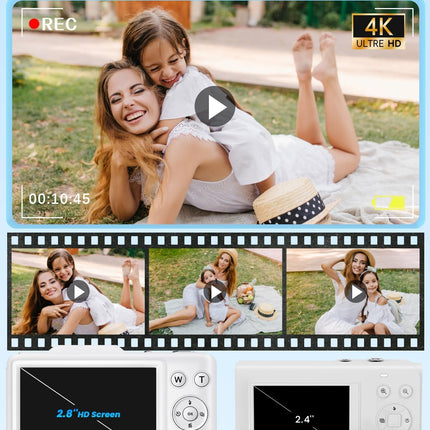 Digital Camera 4K Autofocus Vlogging Camera for Photography with 16X Zoom Anti Shake, 32GB Card, 48MP Compact Portable Point and Shoot Camera for Kids Boys Girls Teens Beginner（White）