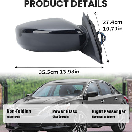 Right Passenger Black Side Mirror Compatible with Nissan Altima 2013-2018 Sedan Power Glass/Non-Folding/Non-Heated Door Mirrors Outside Rear View Mirror Replace # 963013TH0A