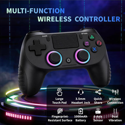 BJXOZ Wireless Controller for PS4, with RGB Light, USB-C, Replaceable D-Pad, Non-Slip Grip, Dual Vibration, 6-Axis Motion Sensor, Touchpad, Audio Jack, Gamepad for PS4/Pro/Slim/PC
