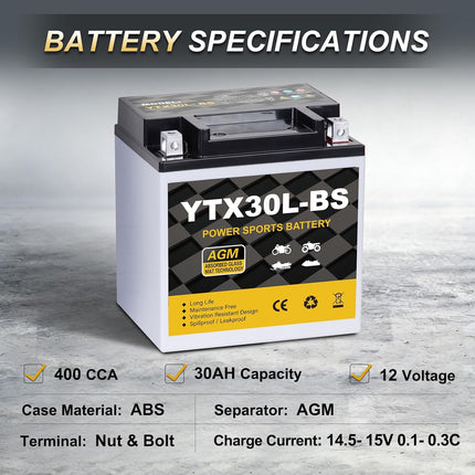 YTX30L-BS Motorcycle Battery 12V 30Ah 400CCA, Maintenance Free Sealed AGM Powersport Battery, Replacement for ATV UTV Harley, YTX30L-BS / ETX30LA / YIX30L