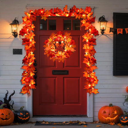Fall Decorations Lighted Fall Garland, 9FT 50 Count Incandescent Lights Brown Wire UL Certified Connectable Maple Leaves String Lights for Home Party Fireplace Mantle Thanksgiving Decor (Orange, 9FT)